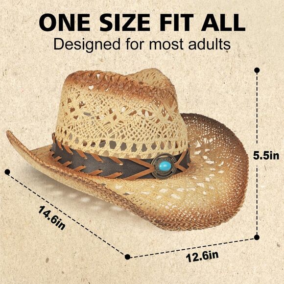 8579 Straw Cowboy Hat Western With Decorative Bands, Hat Size Fits 22.04 To